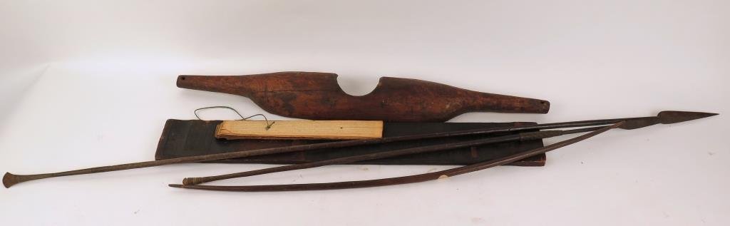 6 Assorted Ethnographic Articles: Spears, bow, palm leaf manuscript, temple panel, etc. Longest: 68 L. (Property of a Mamaroneck NY Private Collector)"