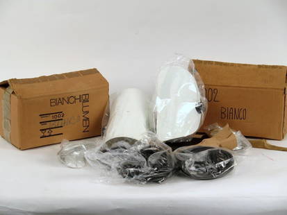 Pair of Mid-Century Bianchi Bilumen Sconces: New in box, white and black. 10 H."