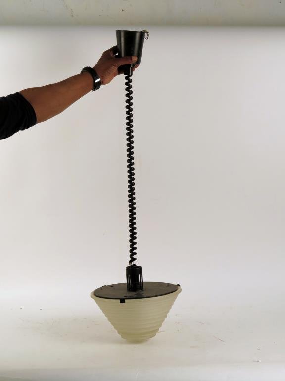 Angelo Mangiarotti for Artemide Pendant Fixture: Stepped frost glass, spiral cord, adjustable length. 11 D."