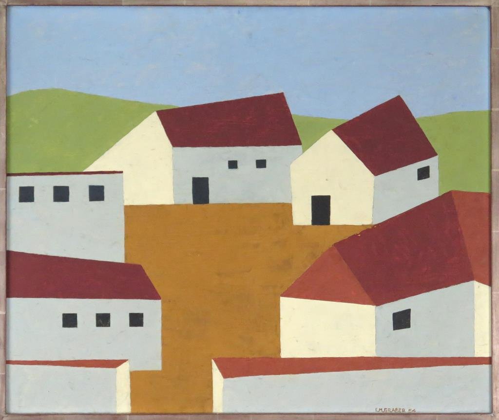 Signed E. M. Graber - Oil on Panel: Village scene, signed lower right. 21.5 H X 25.5" W (27.5" X 32")."