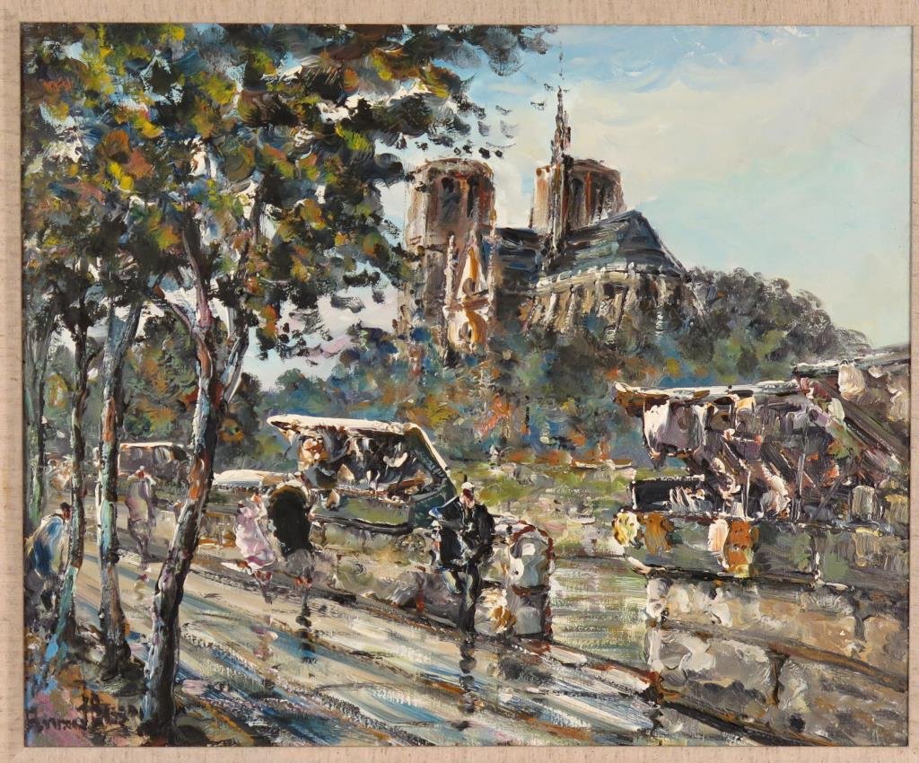 Raymond Besse (French, 1899-1969)- Oil on Canvas: Parisian street scene, signed lower left. 18 H X 22" W (24.75" X 29")."