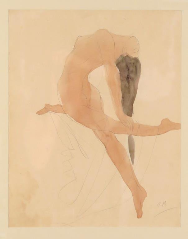 After Auguste Rodin - Water Color and Pencil: Nude dancer, wash and graphite on paper, signed lower right. 18 H x 17" W (30.75" x 25")."