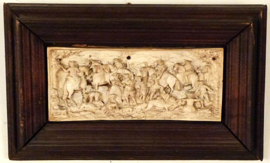 Antique Continental Carved Bone Relief: Figural scene with riders on horseback. As is. 3 X 7" (6" X 11"). (Property of a Mamaroneck NY Private Collector)"