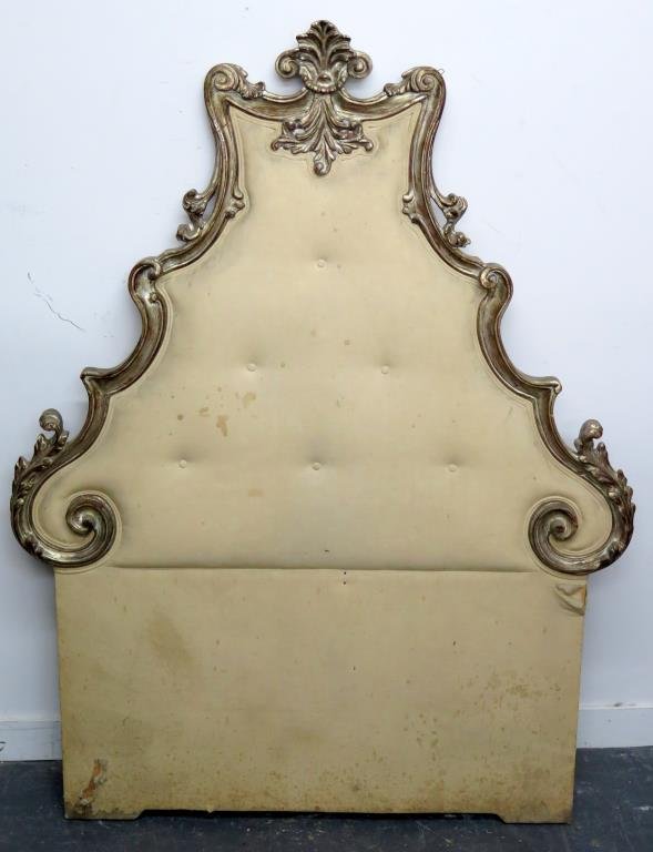Rococo Style Headboard: Silver gilt carved frame, upholstered. 46.5 W X 61" H."
