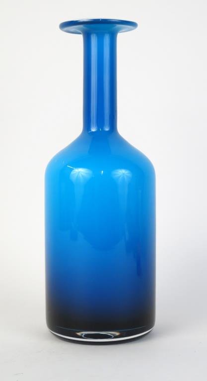 Holmegaard Style Cased Glass Vase***: Bottle form, with straight neck and wide mouth, blue and white. 12.5 H." ***Holmegaard style.