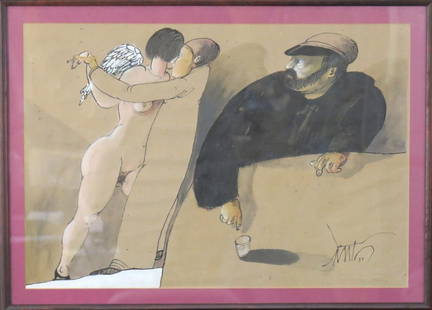 Benjamin Canas Herrera (El Salvadorian, 1933-1987): 3 figures in interior, mixed media on paper, signed lower right. 15.5" H X 22.5" W (21.75" X 28.75").