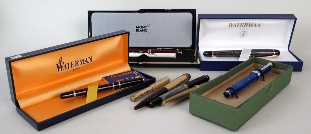 8 Fountain & Ball Point Pens: Including Waterman, Levinger, and Mont Blanc. 1 with 14K gold nib.