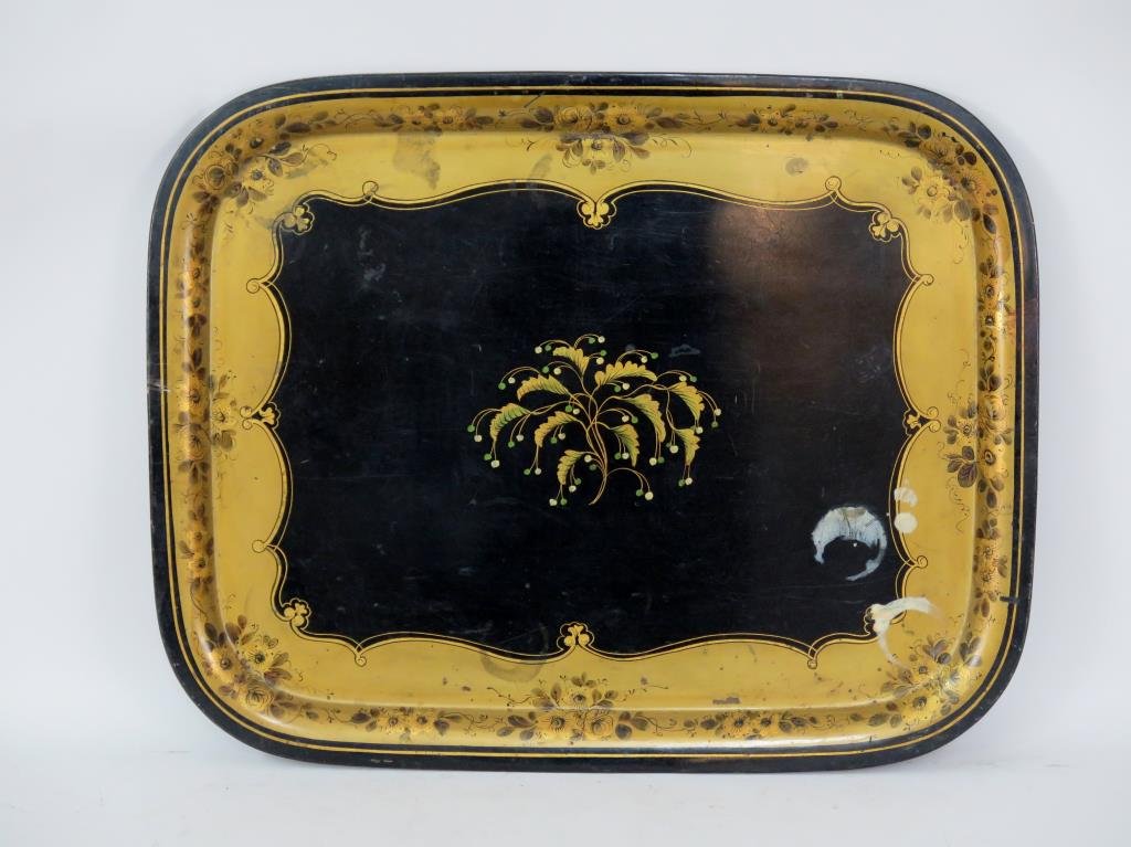 Decorated Tole Tray: Ebonized and gilt. 23 H X 29" W. As is."