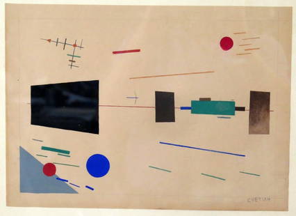 Nikolay Suetin (Russian,1897-1945) Drawing: Abstract in shapes. Signed lower right. Restorations. 10 X 14" (14.5" X 18.5")."