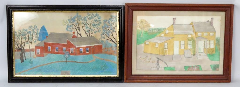 2 Antique Folk Art Paintings of House Portraits (1 of 4)