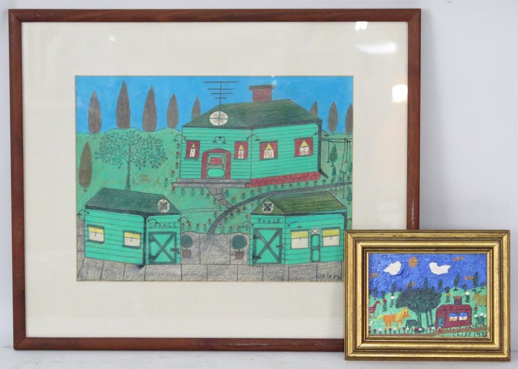 Philip LeRoy «Chief» Willey (c.1887-1980)- 2 Works: 2 landscapes both signed lower right, larger crayon on paper, smaller oil on panel. Larger: 11.5 H X 15.5" W (19.5" X 23.25")."