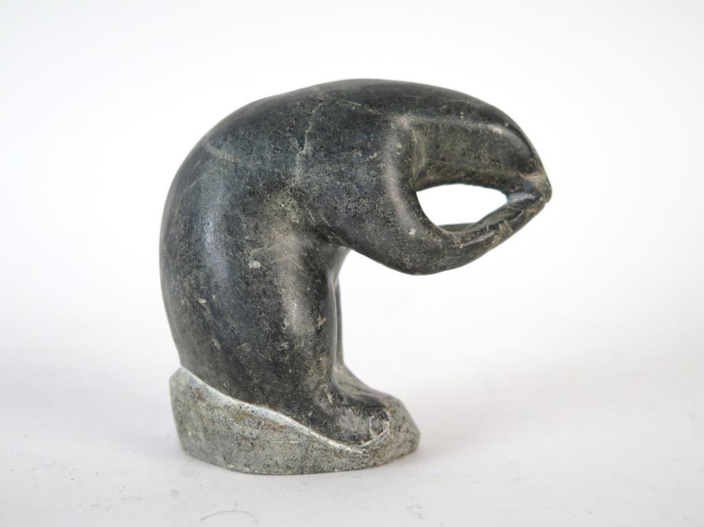 Inuit Soapstone Sculpture: Bear with fish. 3.5 H."