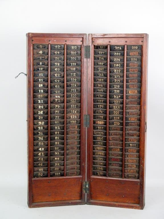 American Traveling Card Case: Time Card or Theater Card Case. Wood, with metal numbered slots. Open: 32.25 W X 35.75" H."