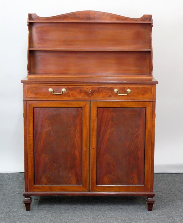 Smith & Watson English Style Server: Mahogany, drawer over doors opening to sliding shelves (both with key closure), superstructure with shelves. 37 W X 17" D X 55" H."