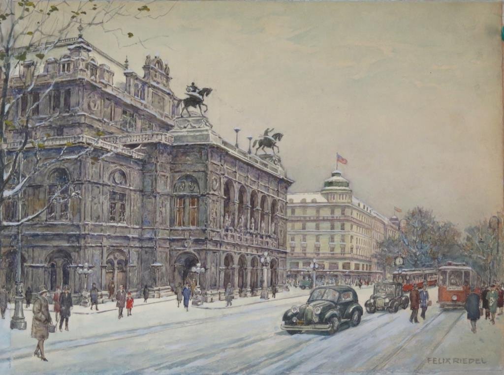 Felix Riedel (Austrian, 1878-1950)- Watercolor: Cityscape, on paper laid down on board, signed lower right. 9 H X 11.75" W."