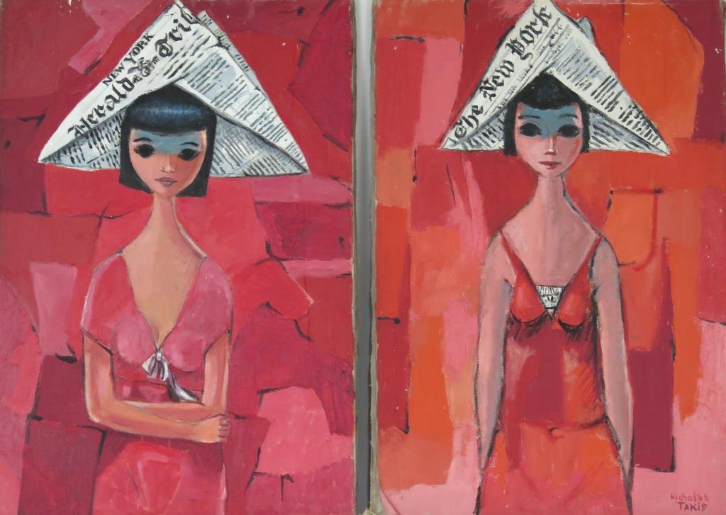 Nicholas Takis (American, 1903-1965)- 2 Oils: Herald Tribune Devotee", on canvas, unsigned; "Chapeau en Papier", on canvas, signed lower right. Both: 36" H X 24" W."