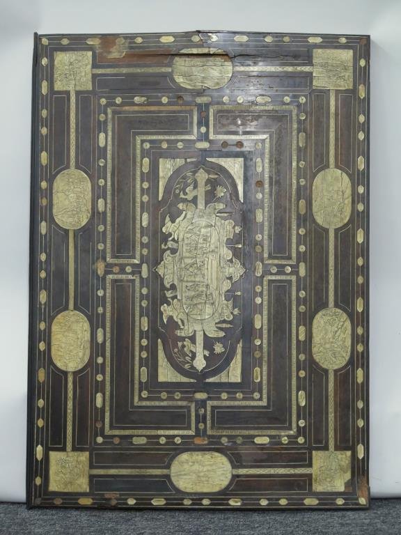 Moroccan Style Panel: Ebonized wood, center medallion, multiple inlaid borders. 37 H X 26.5" W. Losses to inlay, warped."
