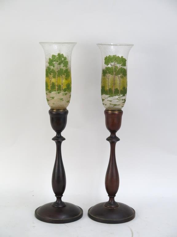 Pair of Mahogany Cameo Hurricane Candlesticks (1 of 4)