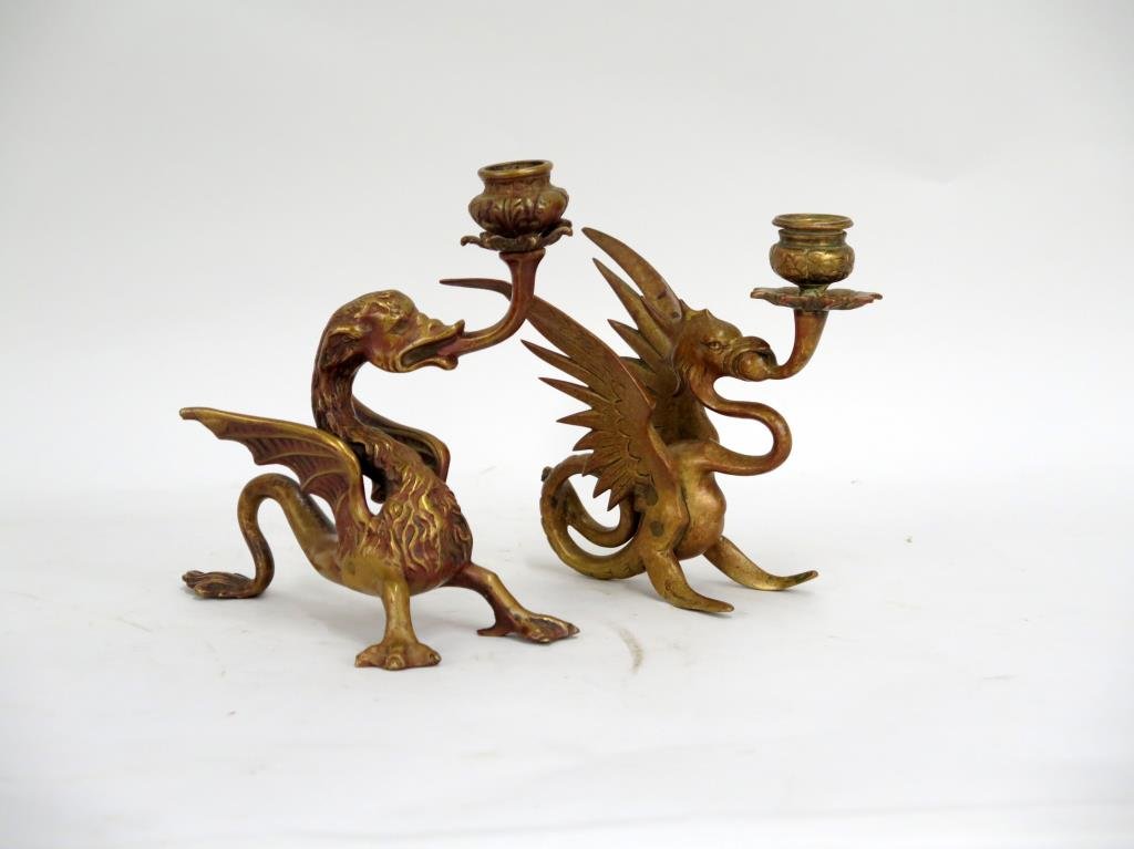 2 Tiffany Dragon Form Bronze Candlesticks (1 of 5)