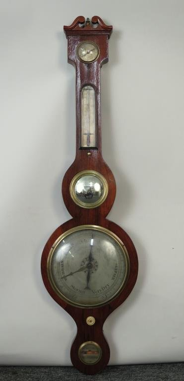 Manchester Warranted Banjo Barometer: Wood, metal face plate with bubble glass and brass trim. 37.5 H.