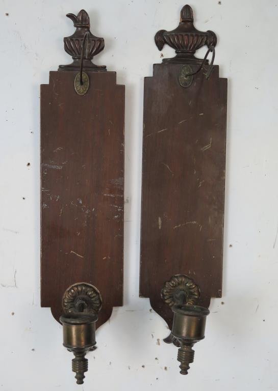 Pair Wood and Metal Sconces: With urn crest. 20.5 H. As is.