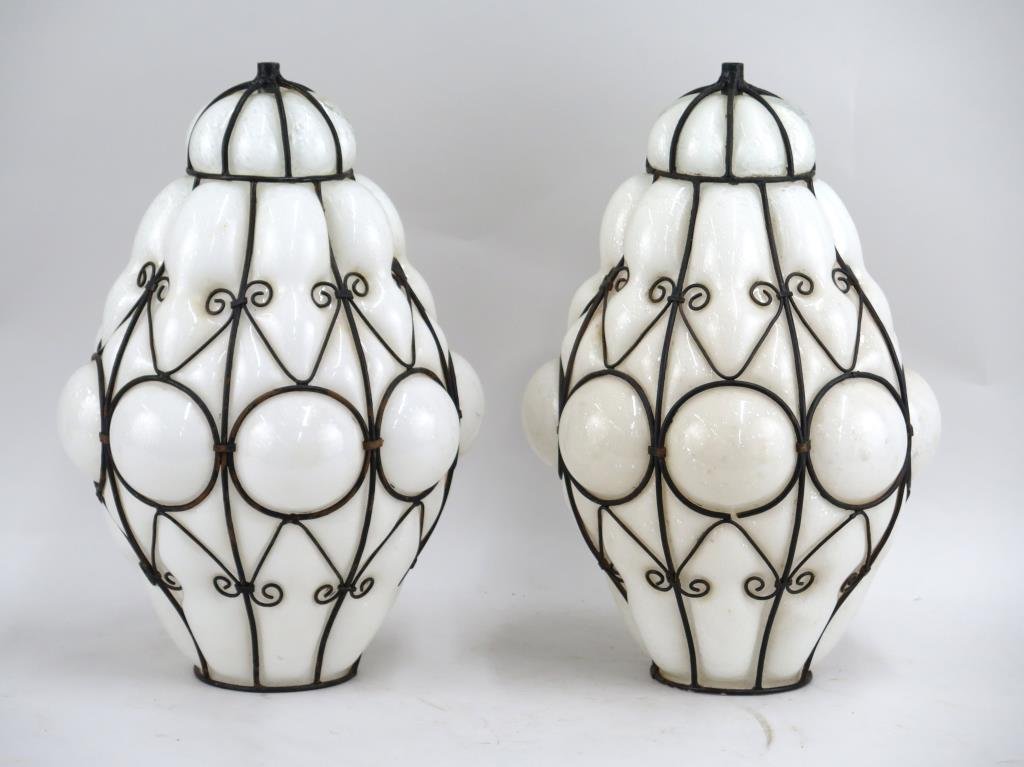 Pair Murano Blown Out Glass Fixture Shades: White glass in wrought iron frames. 15 H. (Estate of Dr. Daniel Lovette, Camp Hill, PA)- 11" dia X 14" H.