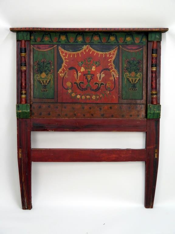 Antique Painted Wood Headboard: Wood plank construction, decorated with floral planted urns within cartouche flanked by half round columns. 52 W X 60.5" H. (Estate of Dr. Daniel Lovette, Camp Hill, PA)