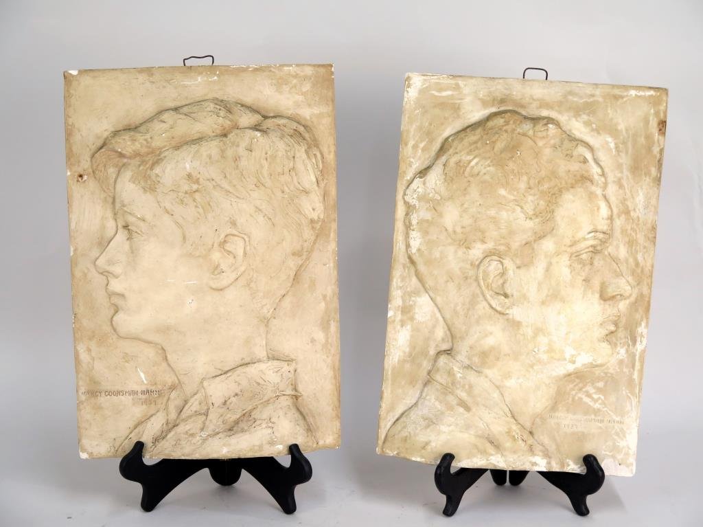 Nancy Coosman Hahn - Pair Plaster Placques: Profile portraits of young men. Dated 1937. 16 X 11". (Estate of Dr. Daniel Lovette, Camp Hill, PA)"