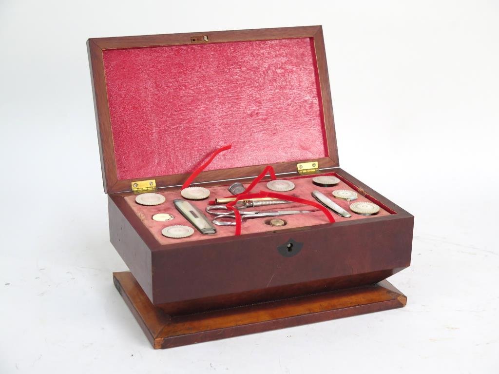 English Mahogany Case Sewing Set: Misplaced and replaced parts. 10 X 6" X 4.5" H. (Estate of Dr. Daniel Lovette, Camp Hill, PA)"