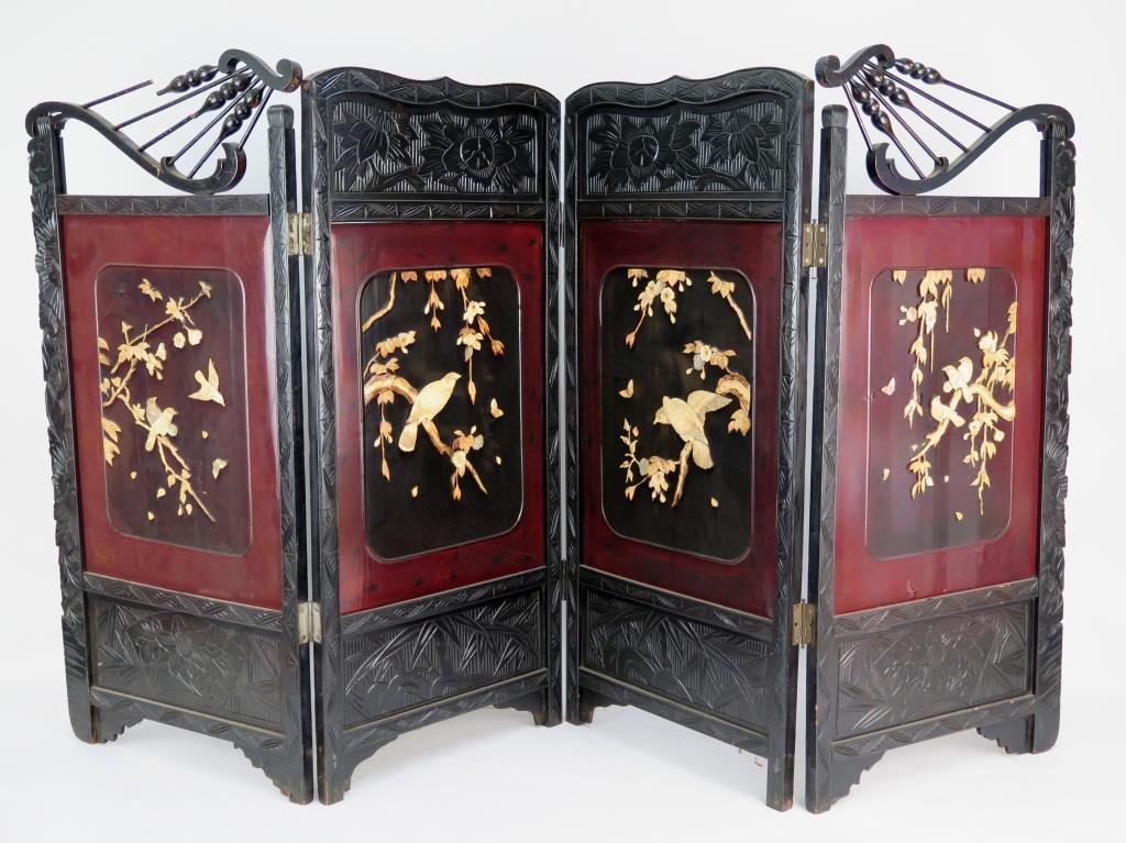Chinese 4 Panel Low Floor Screen: Bone and Mother of pearl inlays. Frame as is. 16.5 X 36" each panel. (Estate of Dr. Daniel Lovette, Camp Hill, PA)"
