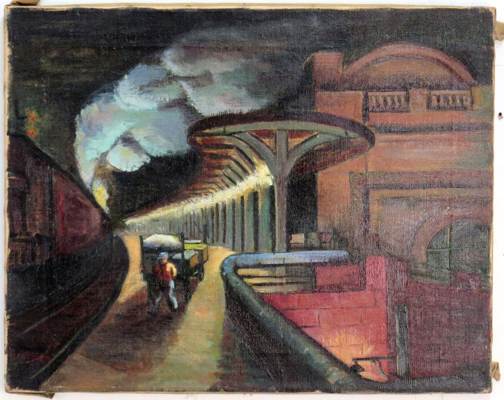 Unsigned - WPA Style Oil on Canvas: Laborer beside locomotive. 16 H X 20" W. (Estate of Dr. Daniel Lovette, Camp Hill, PA)"