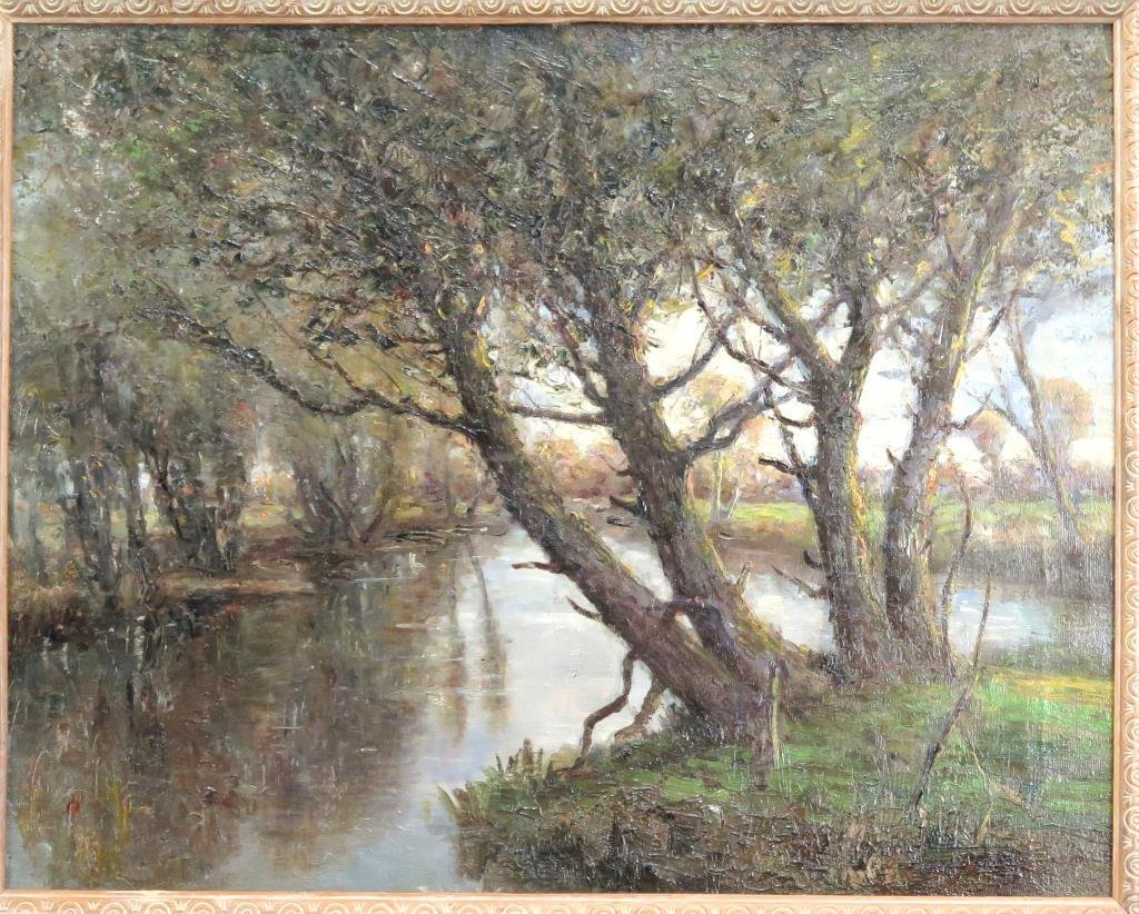 Henry Hammond Ahl (American, 1869-1953)- Oil: Landscape with lake, signed lower right, on canvas. 19 H X 24" W (24.5" X 29.5")."