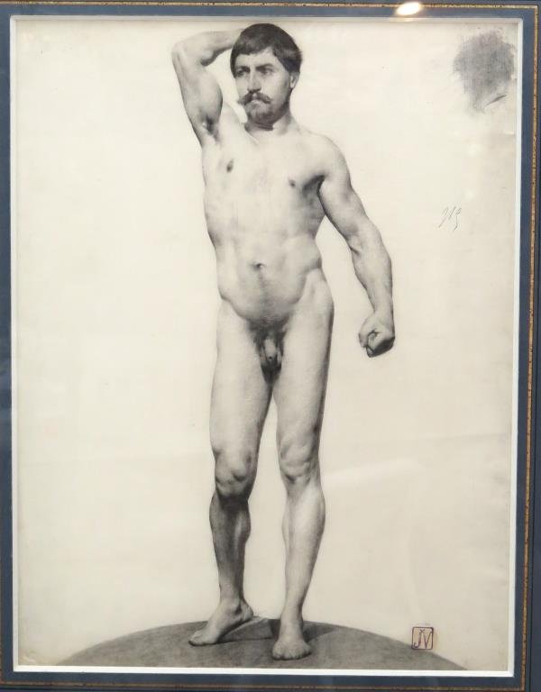 Jules Victor Verdier (French, 1862-1926)- Drawing: Male nude standing in contrapposto, stamped lower right, charcoal on wove paper. 24 H X 18" W (35" X 28.5"). (Estate of Dr. Daniel Lovette, Camp Hill, PA)"