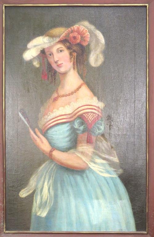 Unsigned- Portrait Oil on Canvas: American school 3/4 length portrait of a young woman with hat and fan. 41 H X 36" W (49" X 34"). Craquelure and previous restoration. (Estate of Dr. Daniel Lovette, Camp Hill, PA)"