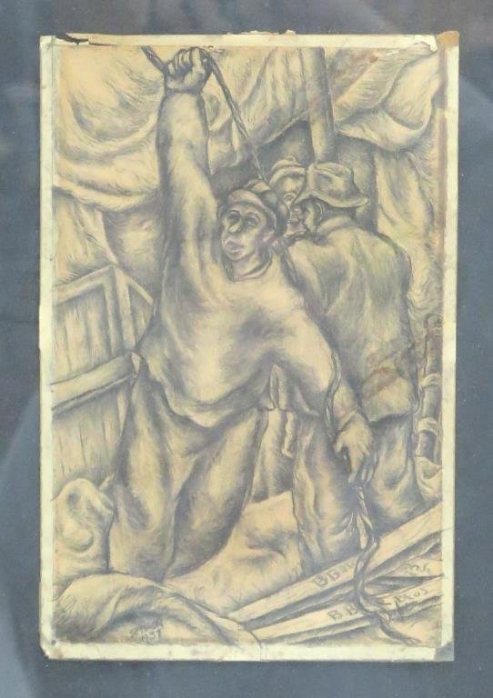 Alfred Abraham Sessler (American, 1909-1963): WPA style scene of workers, signed and dated 1931 lower left, crayon on paper. 9 H X 6" W (21.25" X 17.5"). Extensive toning and repairs. With invoice from Hudson House Galleries. (Estate of Dr. Danie
