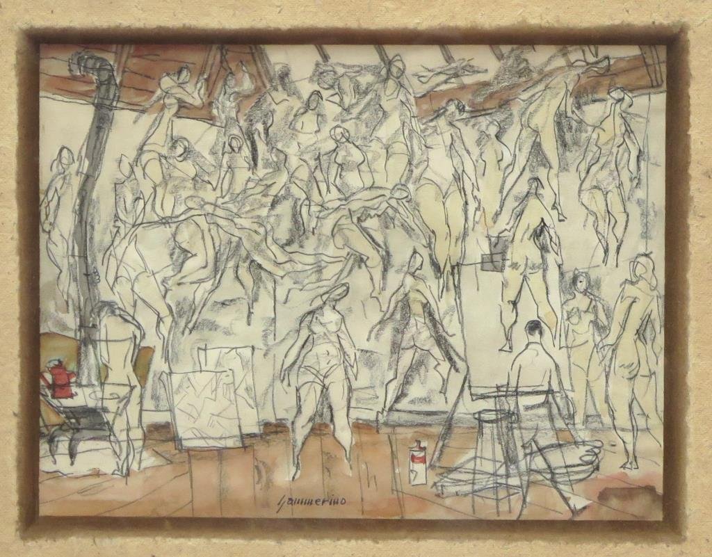 Aurelio James Yammerino (American, b. 1912): Artist in studio with gesture model, signed lower middle, crayon and watercolor on paper. 9 H X 12" W (17" X 20"). (Estate of Dr. Daniel Lovette, Camp Hill, PA)"