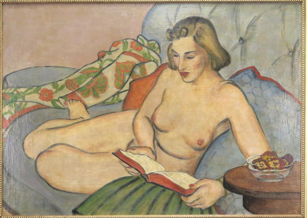 Stephens Berge (American, b.1908)- Oil on Panel: Reading nude with patterned throw, signed lower right. 19.5 H X 27.25" W (22.5" X 30.5"). (Estate of Dr. Daniel Lovette, Camp Hill, PA)"