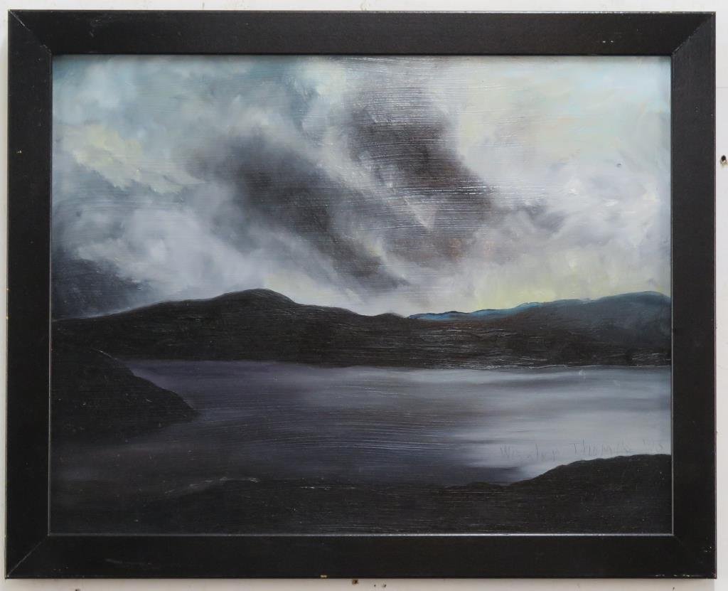 Signed Wissler-Thomas- Oil on Board: Lake with approaching storm, signed and dated '03 lower right. 13.5 H X 17.5" W (16" X 20"). (Estate of Dr. Daniel Lovette, Camp Hill, PA)"