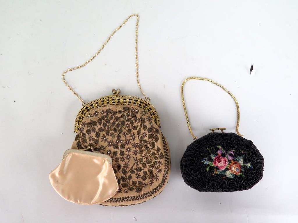 2 Vintage Evening Bags: Beaded hard shell with matching opera glasses and embroidered with gold tone closure.