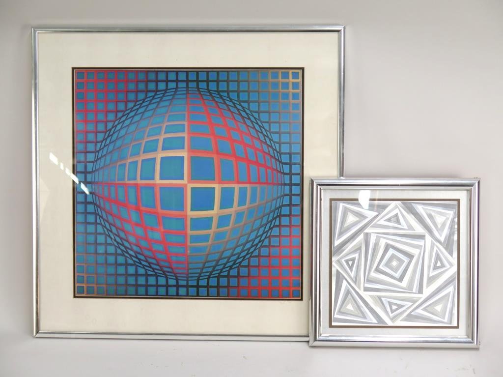 2 Pop Art Pictures: Vasarely reproduction ball emerging from grid marked HFA; together with reflective silver geometric forms. 22.5" H X 22.5" W (30.5" X 30.5").