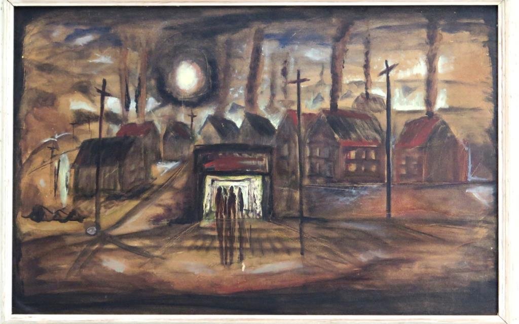 Unsigned- WPA Style Oil on Paper: Figures emerging from mine. 14.5" H X 22.5" W (20" X 28"). As is. (Estate of Dr. Daniel Lovette, Camp Hill, PA.)