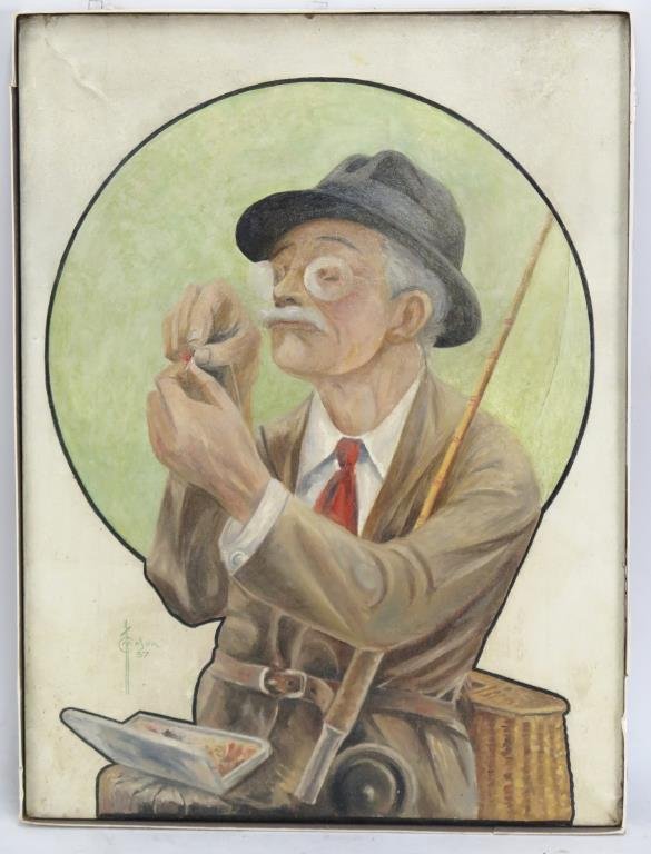 Signed C Mason- Illustration - Oil on Canvas: Fisherman weaving a fly, signed and dated 37 lower left. 24.5" X 18" W. (Estate of Dr. Daniel Lovette, Camp Hill, PA.)