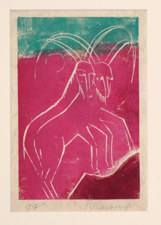 Nahum Tschacbasov (Russian/American, 1899-1994): Yaks on cliff, signed lower right, woodblock print, artist proof. 9" H X 6" W (16" X 13"). (From a Manhattan Estate)