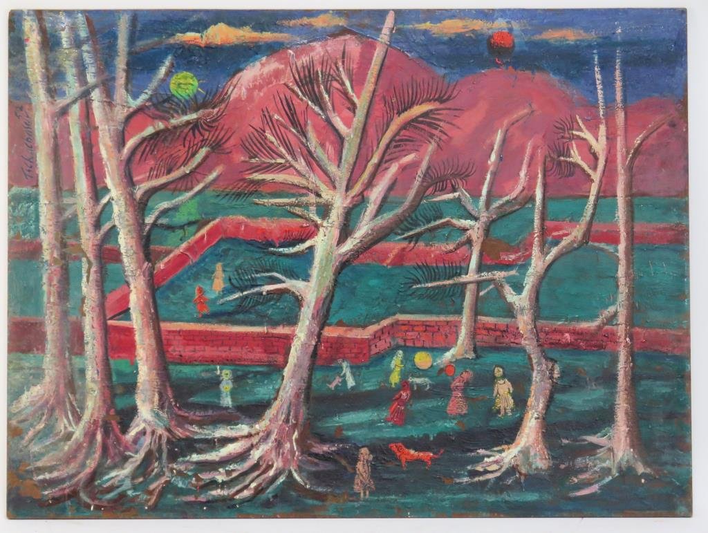 Nahum Tschacbasov (Russian/American, 1899-1994): Park scene with children, signed and dated 52 upper left, oil on masonite. 30" H X 40" W. (From a Manhattan Estate)