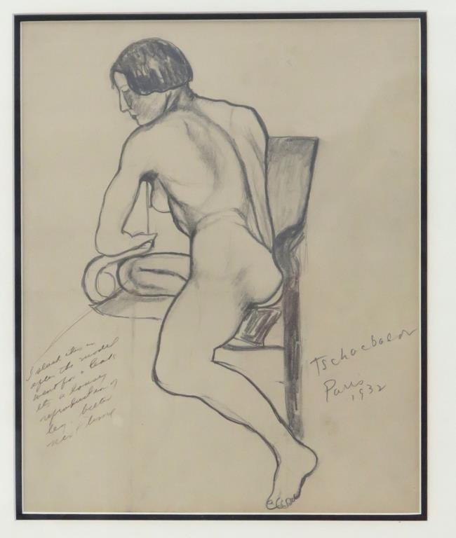 Nahum Tschacbasov (Russian/American, 1899-1994): Seated nude, signed and dated 1932 lower right, crayon on beige paper. 12" H X 10" W (19" X 16"). (From a Manhattan Estate)