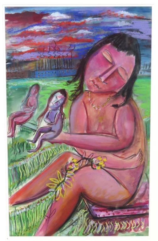 Nahum Tschacbasov (Russian/American, 1899-1994): Mother with 2 children, signed and dated 43 middle left, mixed media on paper. 22" H X 13" W (30" X 21"). (From a Manhattan Estate)