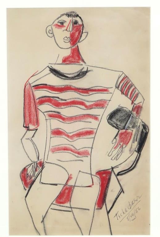 Nahum Tschacbasov (Russian/American, 1899-1994): Study of man in striped shirt, signed and dated 56 lower right, crayon on paper. 18" H X 11" W (24" X 17.5"). (From a Manhattan Estate)