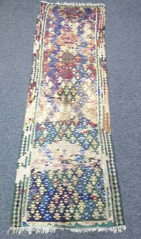 Oriental Flat Weaver Runner- 2'10" X 9'2": Repeating pattern organized as triangular wave form, multiple colors. (From a Manhattan Estate)