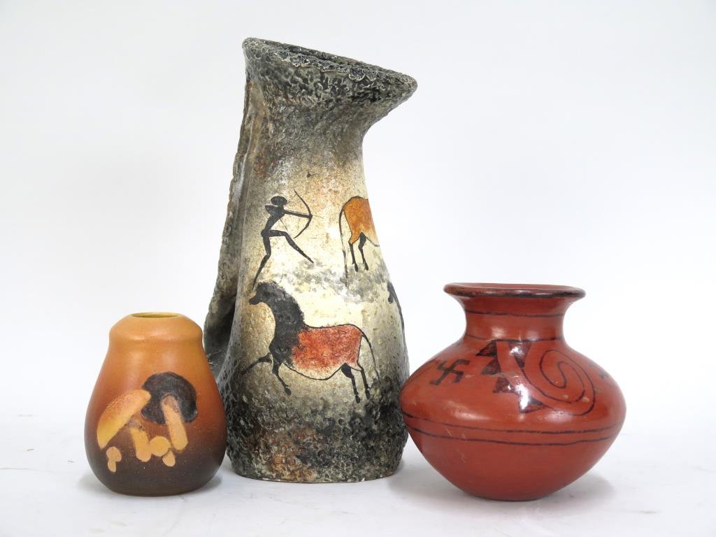 3 Southwestern/Native American Vases: Impressed P. Inson, signed illegibly (10" H), and redware. (From a Manhattan Estate)