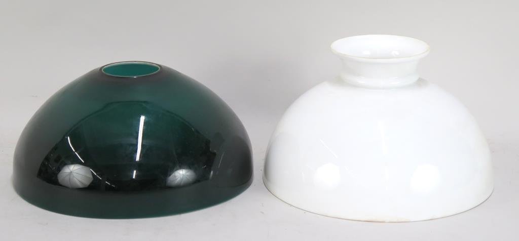 2 Monochrome Glass Lamp Shades: Emeralite style (14" D X 6.5" H) and milk glass. (Estate of Dr. Daniel Lovette, Camp Hill, PA.)